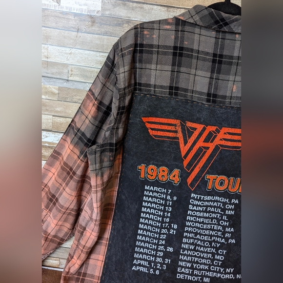 Van Halen World Tour 1984 Upcycled Dip Dye Bleach Flannel Shirt - Picture 3 of 15